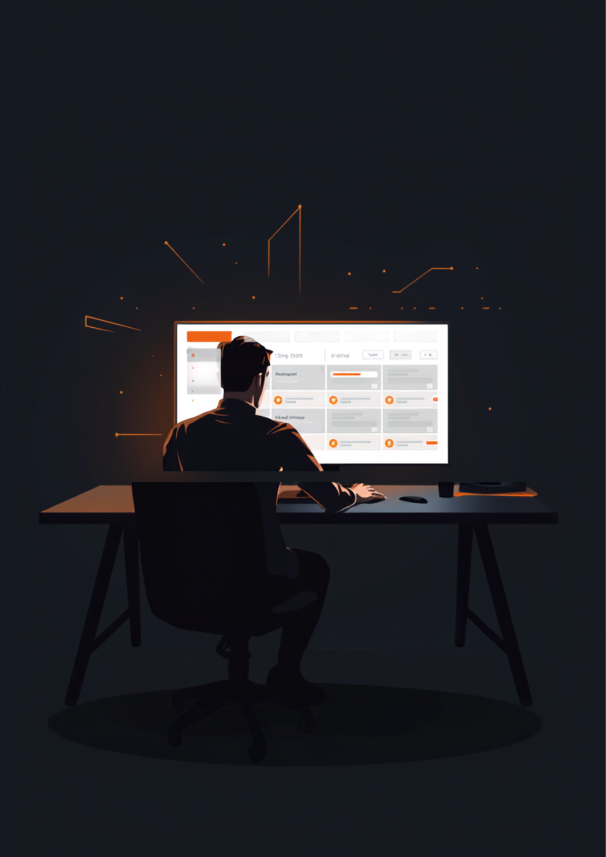 Person at a dark minimalist desk reviewing an AI-generated fitness and meal plan on a glowing monitor
