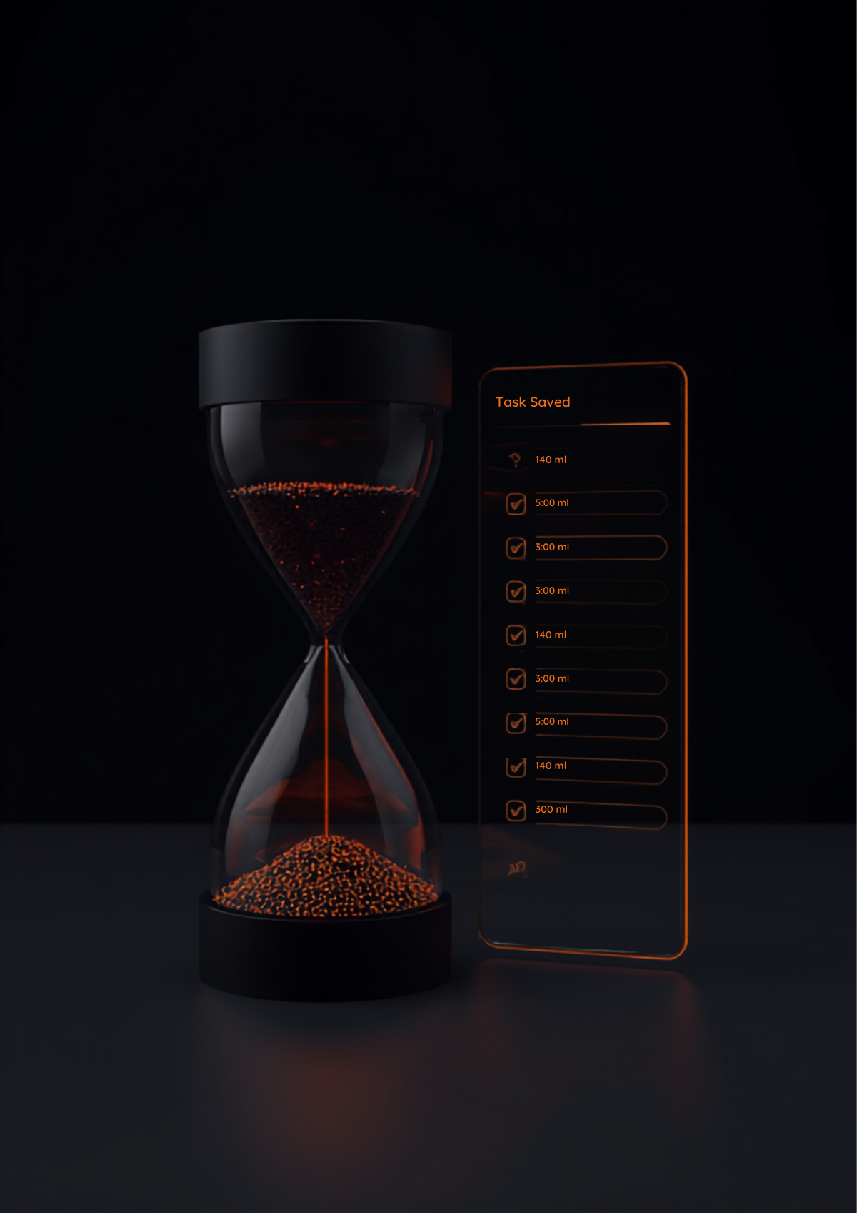 Matte black hourglass with glowing orange sand beside a luminous digital task list