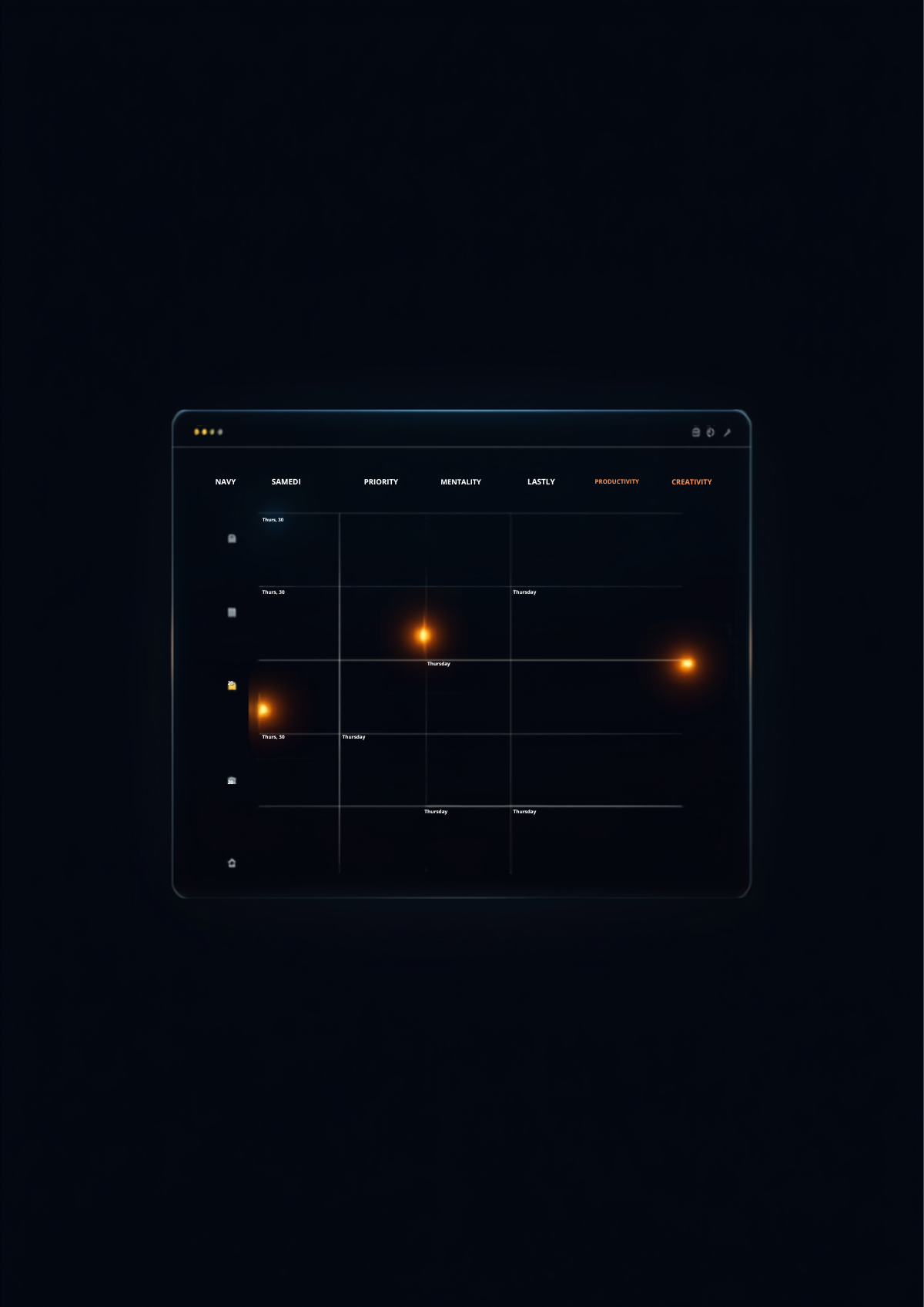 Glowing dark daily-planning dashboard with an Eisenhower priority matrix and orange-highlighted tasks